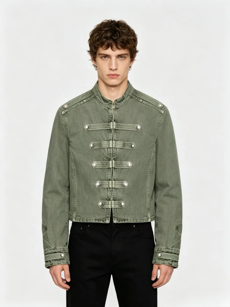 Mens Jacket Vintage Napoleon Collar Denim Coat Harajuku Unisex Loose Fit Button Detail Short Jacket Casual Streetwear Fashion