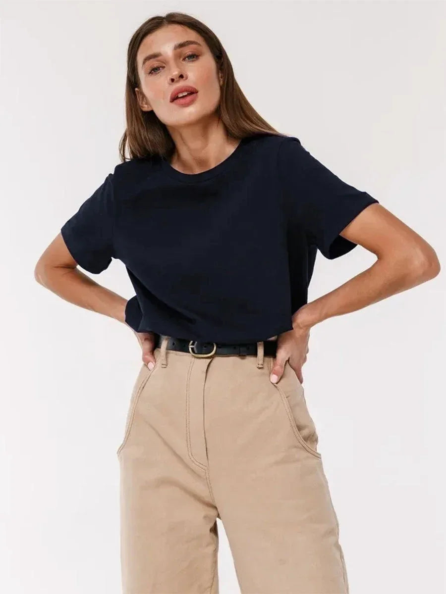 Summer 100% Cotton Women's T-shirt Bottoming Basic Fashionable Lady Short Sleeve Loose Tops Shirts Solid 200g/㎡ Tops