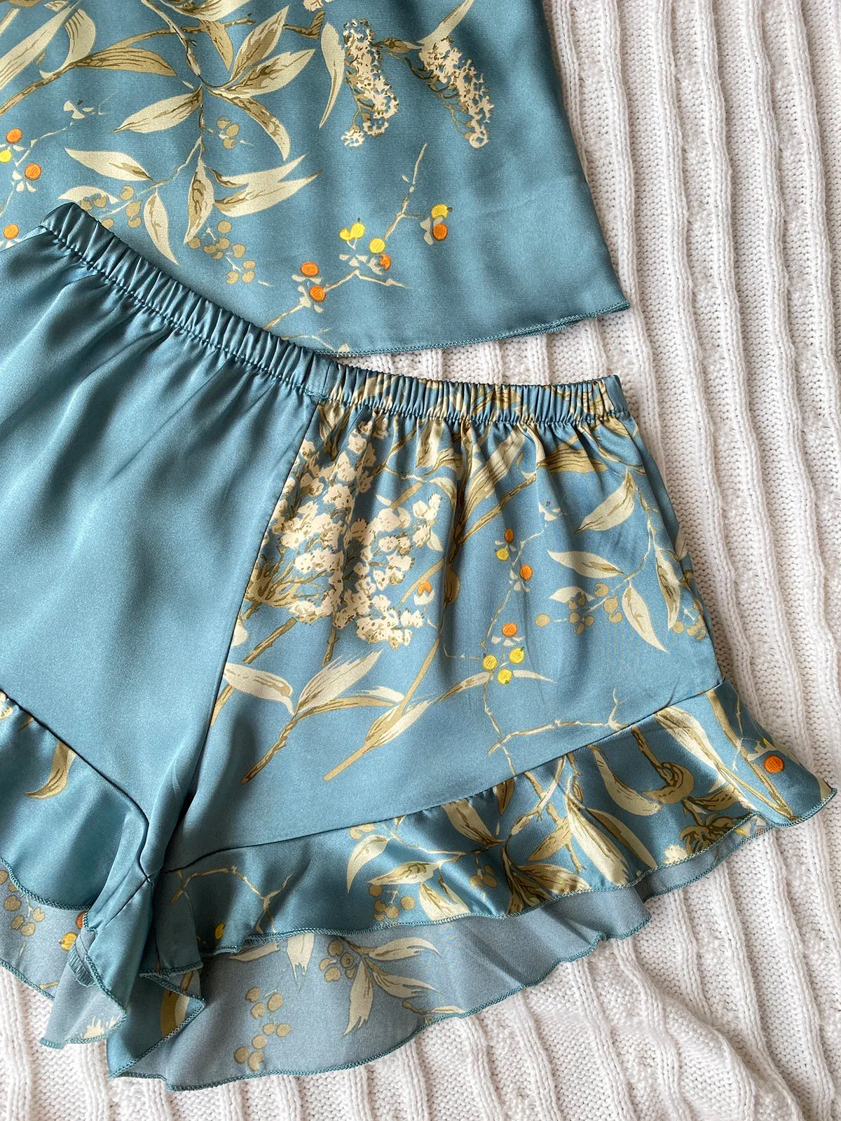 Summer Elegant  Print Cami Tops Ruffle Hem Shorts Pajama Set  Women's Sleepwear V Neck Strap Loungewear