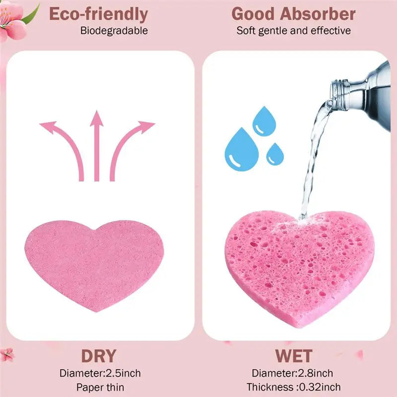 BAAG-100 Count Compressed Facial Sponges Heart Shape Face Sponges Natural Facial Cleansing Sponges Pads Pink For Cleansing