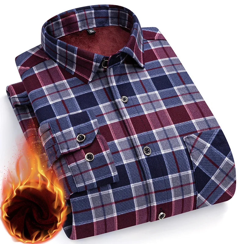 2025 Men's Winter Warm Shirts Long Sleeve Plaid Print Flower Autumn Thickened Fleece Street Trend Casual Dress Shirts 8XL 7XL