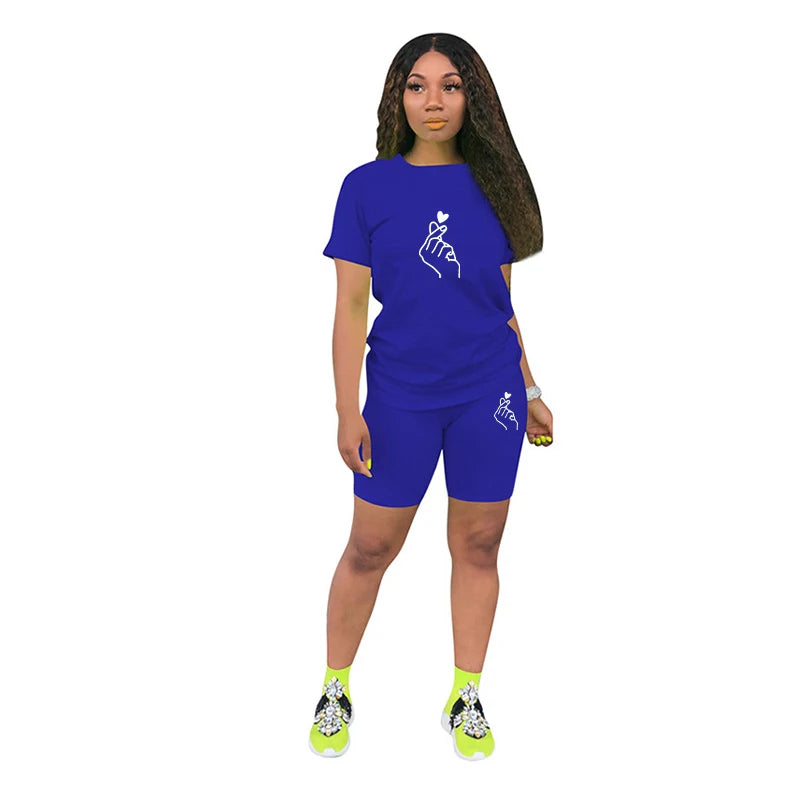 Women Solid Sporting Casual Two Piece Set Short Sleeve Tee Top Biker Retro Shorts Printed Pants Girl Tracksuit Gothic Outfits