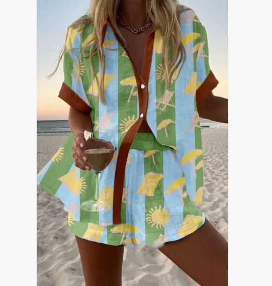 2025 New Summer Vacation Shorts Set 3D Printed Seaside Tropical Casual Lapel Shirt Blouse Top Shorts 2-Piece Suits Beach Holiday