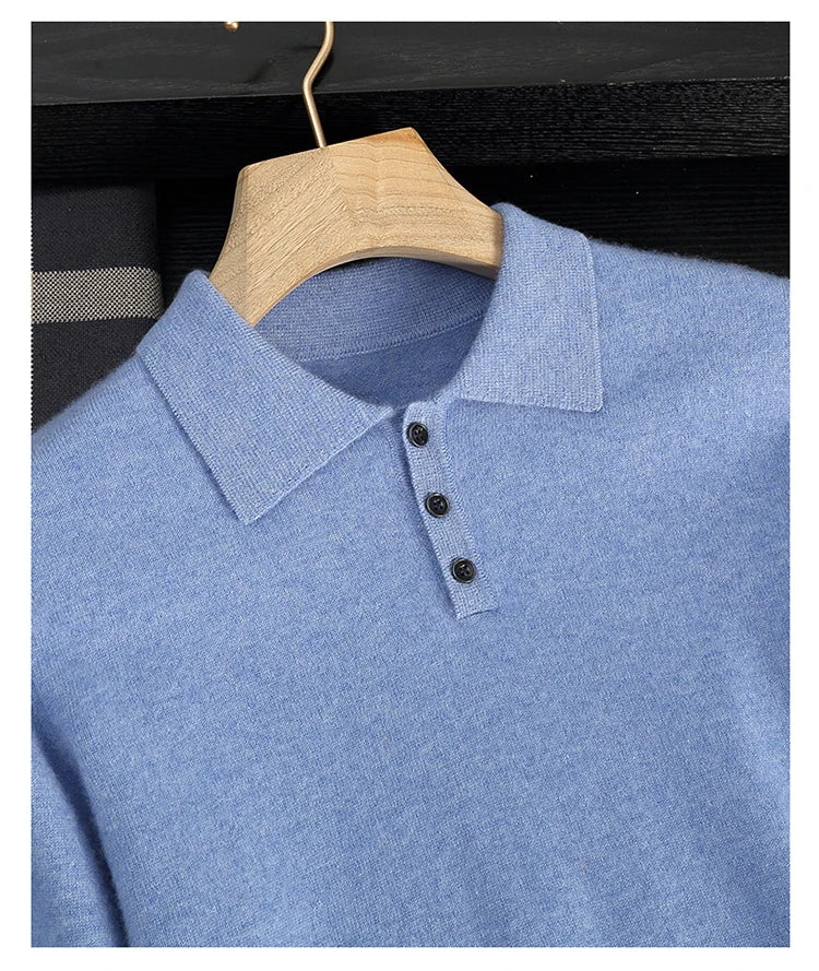 Autumn/Winter Men's 100% Cashmere Pullover Business Casual Solid Knitted Sweater Loose POLO Collar Tops Basic Thick Warm Jumper
