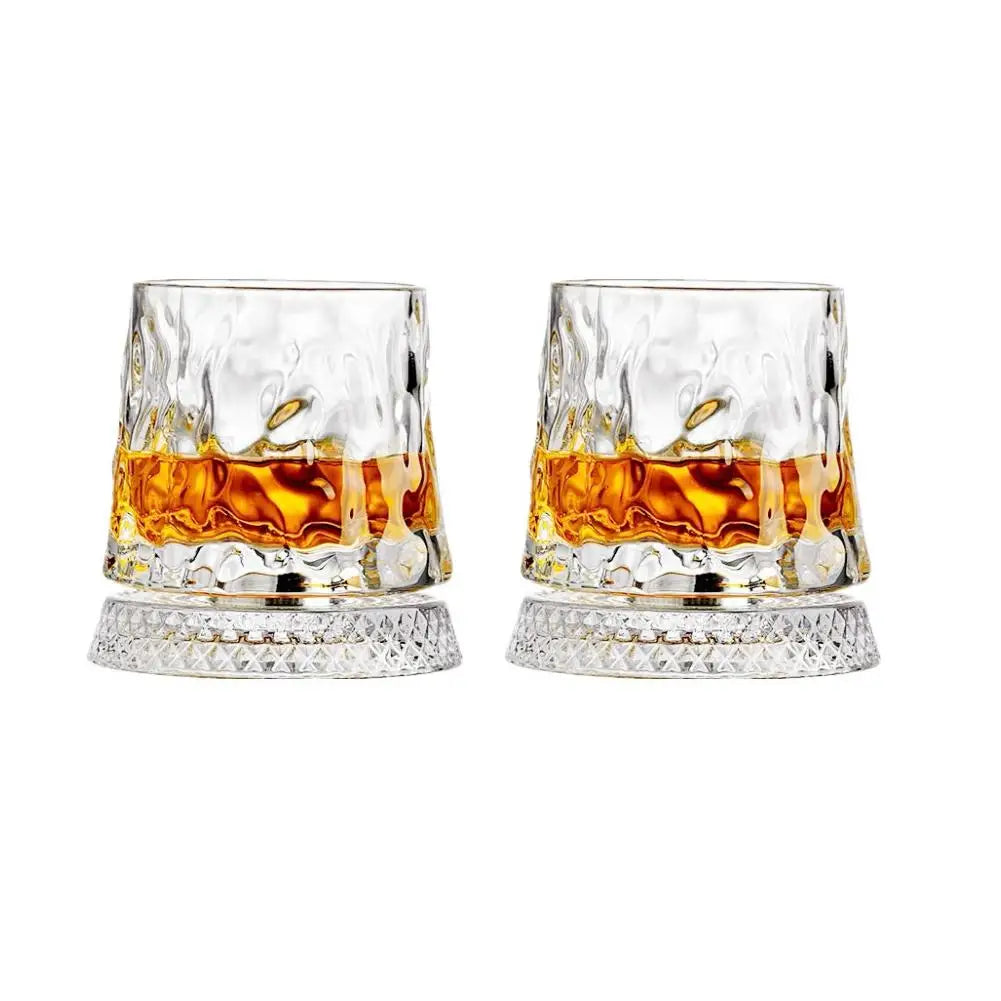 2PCS Whiskey Glasses Rotating Whisky Glass With Glass Base 360 Rotate Degrees Crystal Rum Glass For Cocktail Party Drinking Gift