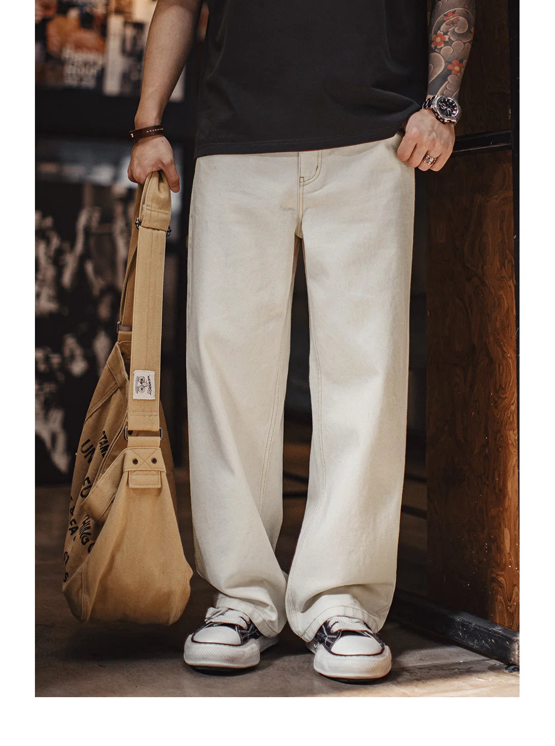 Maden Men's Vintage White Heavyweight Washed Jeans Straight 100% Cotton CleanFit Casual Pants with Zip Fly for Spring and Autumn