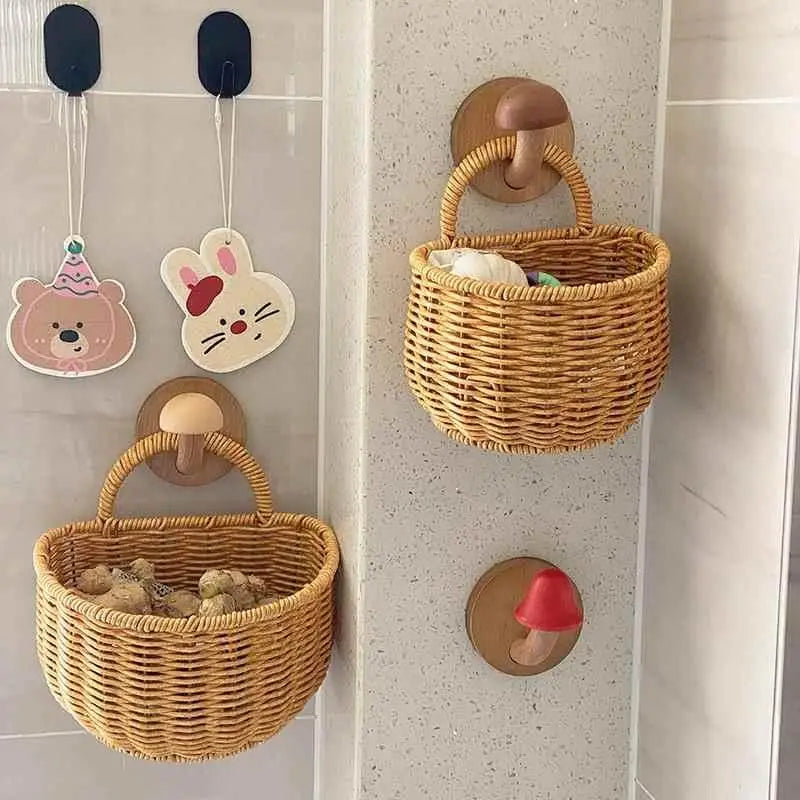Kitchen Storage Basket With Handle Cute Wall Hanging Woven Basket Kawaii Hanging Storage Basket Kitchen Sundries Organizer