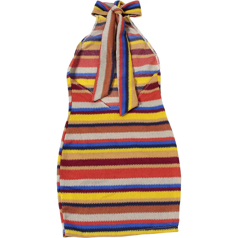 Cryptographic Striped Knit Halter Mini Dress Colorful Contrast Sleeveless Backless Summer Casual Clubwear Bodycon Short Dresses