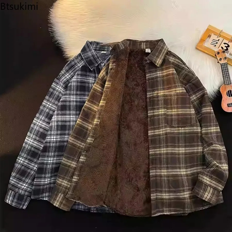New 2026 Autumn and Winter Plus Velvet Thick Warm Plaid Shirt Men's Long Sleeved Japanese Retro Trend Loose Casual Shirt Jacket