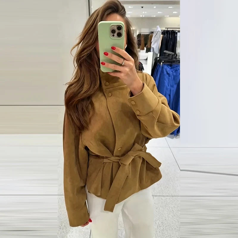Faux Suede Women Winter Jacket Belted Waist Autumn Coat Stand Collar Short Jacket Cargo Jacket Daily Commute Wear Street Style