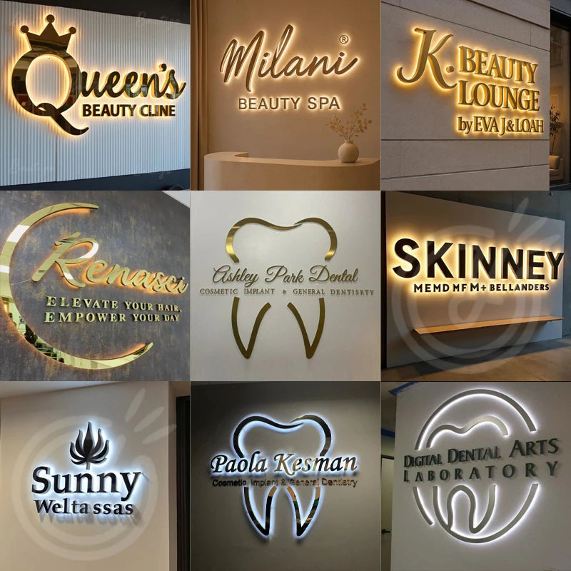 Custom LED Sign Gold Metal Logo Illuminated Letters Business Store Large Logo Signage for Office Dental Beauty Brand Name