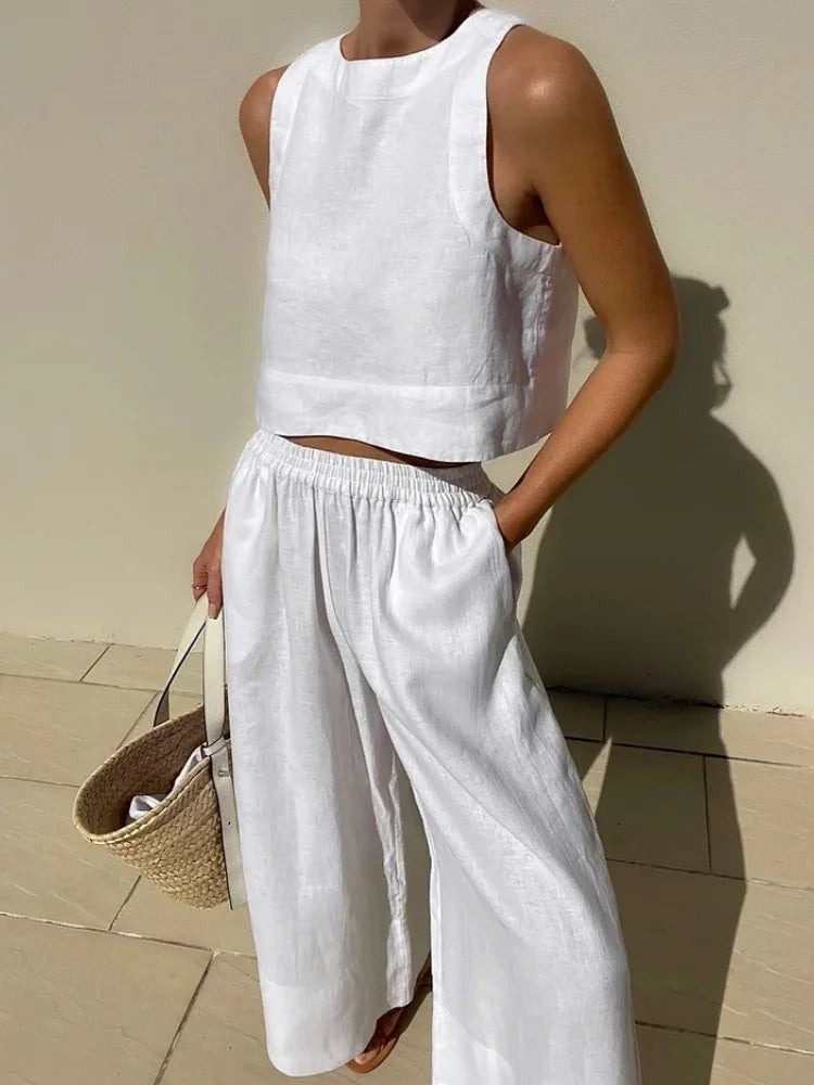 Women's Long Pant Sets Sleeveless Cropped Top Drawstring Elastic Waist Wide Leg Pants 2 Piece Set Casual Commute 2026 Summer New