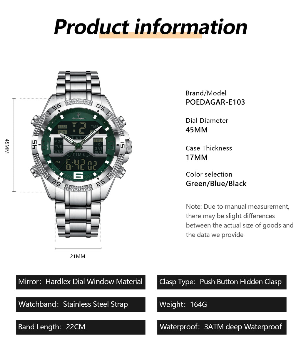POEDAGAR LED Luxury Men Watch Sports Dual Time Display Digital Luminous Week Date Man Wristwatch Electronic Quartz Men's Watches