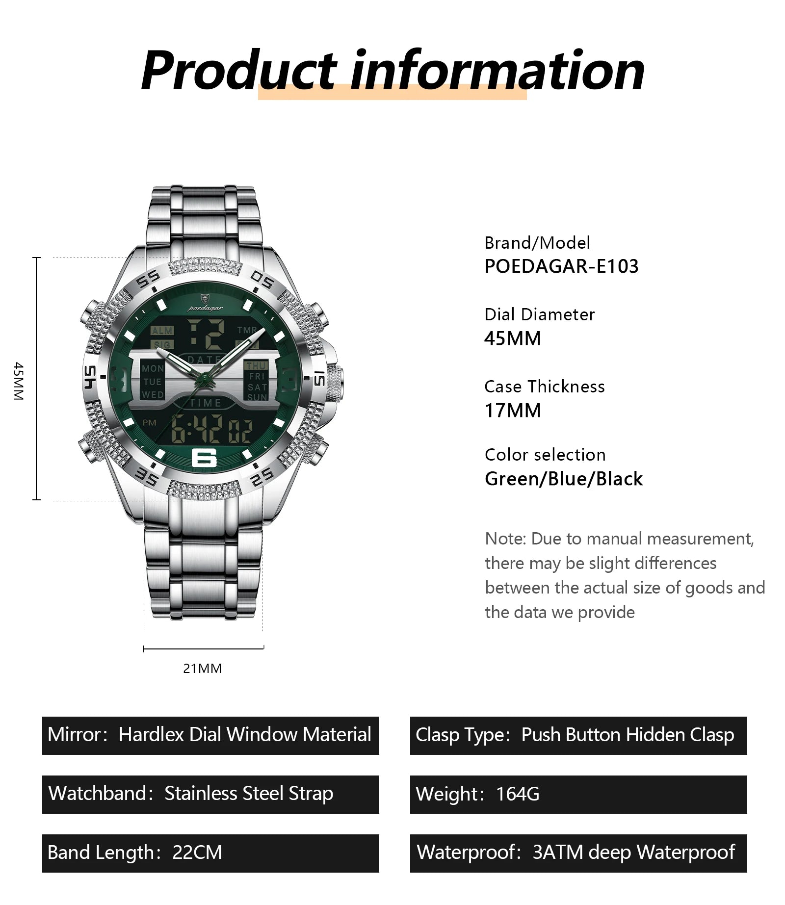 POEDAGAR LED Luxury Men Watch Sports Dual Time Display Digital Luminous Week Date Man Wristwatch Electronic Quartz Men's Watches