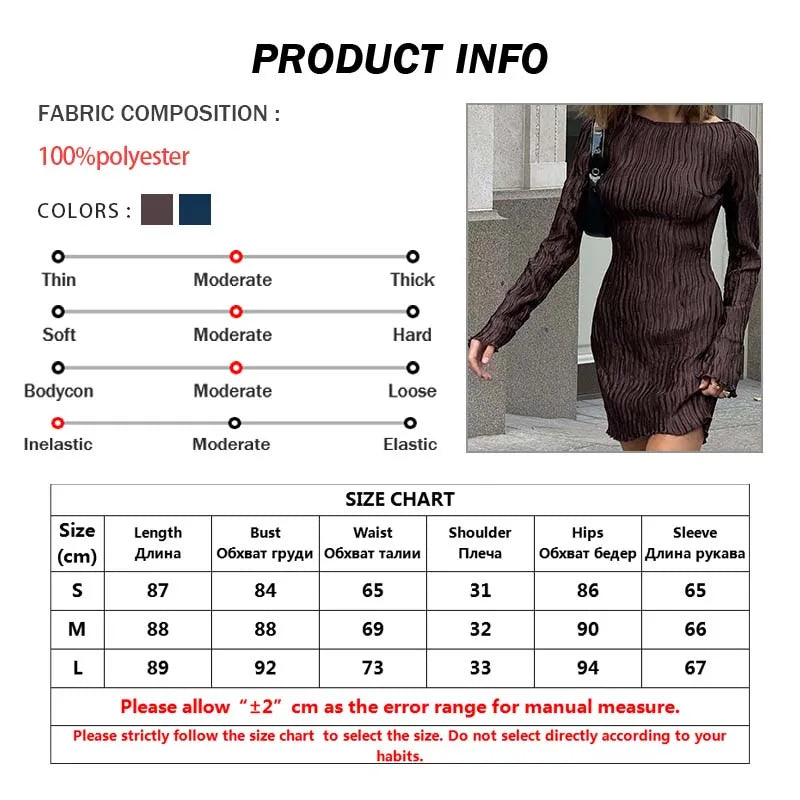 Oymimi Elegant Brown Pleated Women's Dress Fashion O-Neck Long Sleeve Slim Dresses Casual Straight Mini Dresses Female Clothing