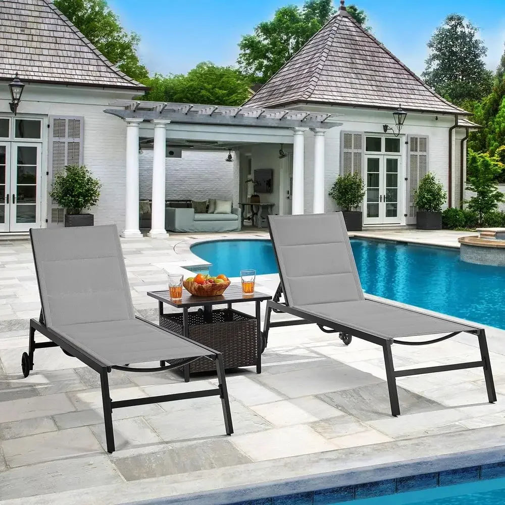 Weather-Resistant Outdoor Reclining Chaise Lounge with Wheels, 5-Position Adjustable, Ideal for Patio, Pool, Beach, Yard - Gray