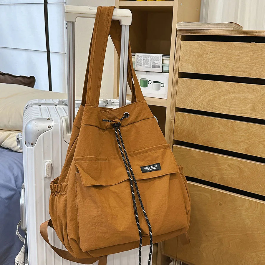 Women 2‑Way Travel Backpack Lightweight Korean Style Casual Shoulder Bag Multifunctional Drawstring Rucksack for College Student