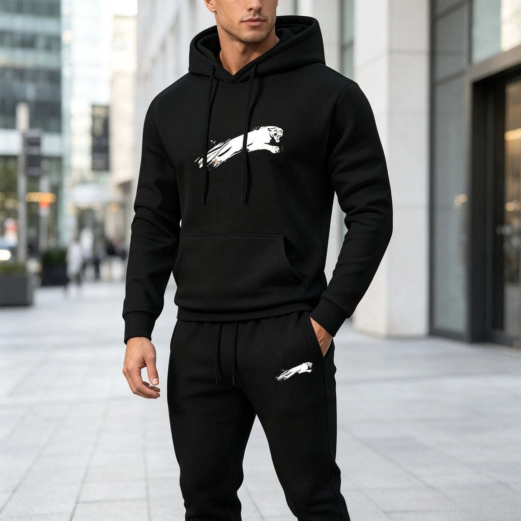 Men's street‑style black panther print hooded sweatshirt and jogging pants set - a comfortable and casual sports outfit