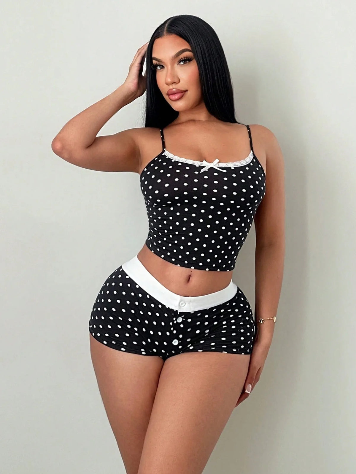 Fashion polka dot lace camisole home suit set, pure desire spicy girl style pajamas two-piece set, short