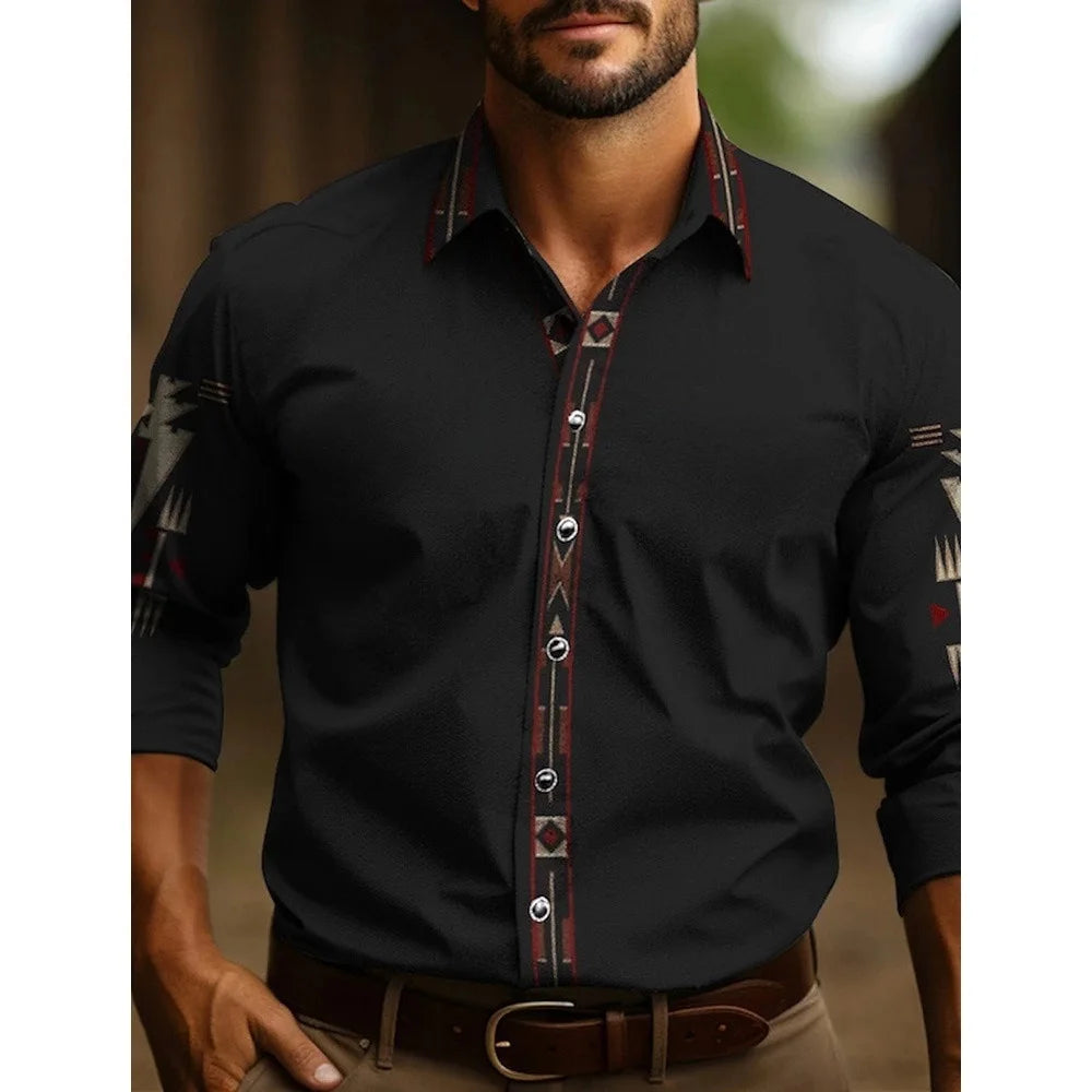 Versatile And Elegant Men's Elastic Face Printed Shirt Casual Lapel,easy To Care For Spring And Fall, Perfect For Every Occasion