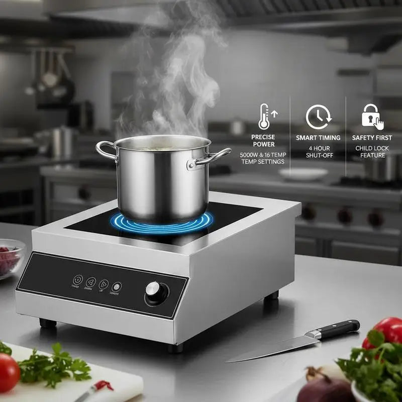 Portable Induction Cooktop, 5000W Commercial Induction Burner with 16 Temperature Settings, Stainless Steel Countertop Induction Hot Plate with 4H Timer, Child Lock, for Restaurant Cooking