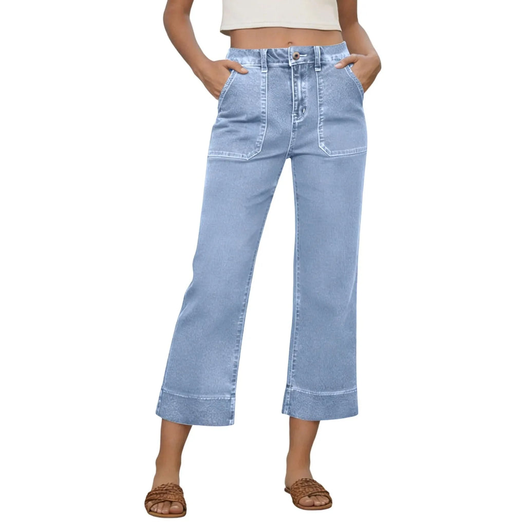 Wide Leg Jeans With Front Pockets For Women Cropped Micro Cut Pants High Waisted Patch Pocket Straight Leg Jeans Summer Pants