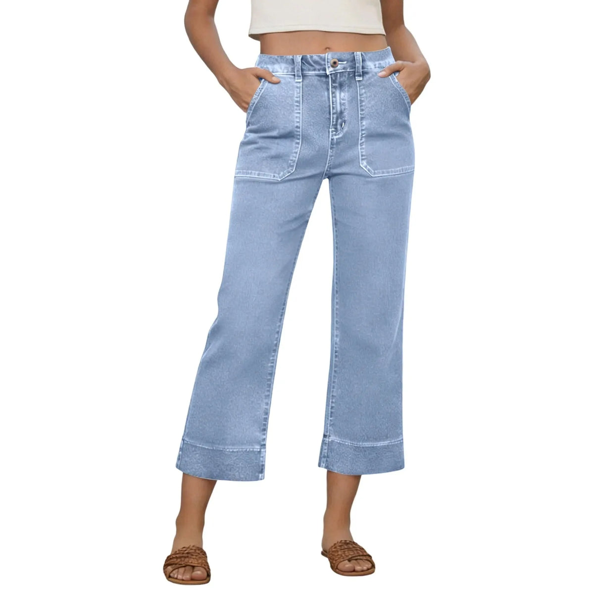 Wide Leg Jeans With Front Pockets For Women Cropped Micro Cut Pants High Waisted Patch Pocket Straight Leg Jeans Summer Pants