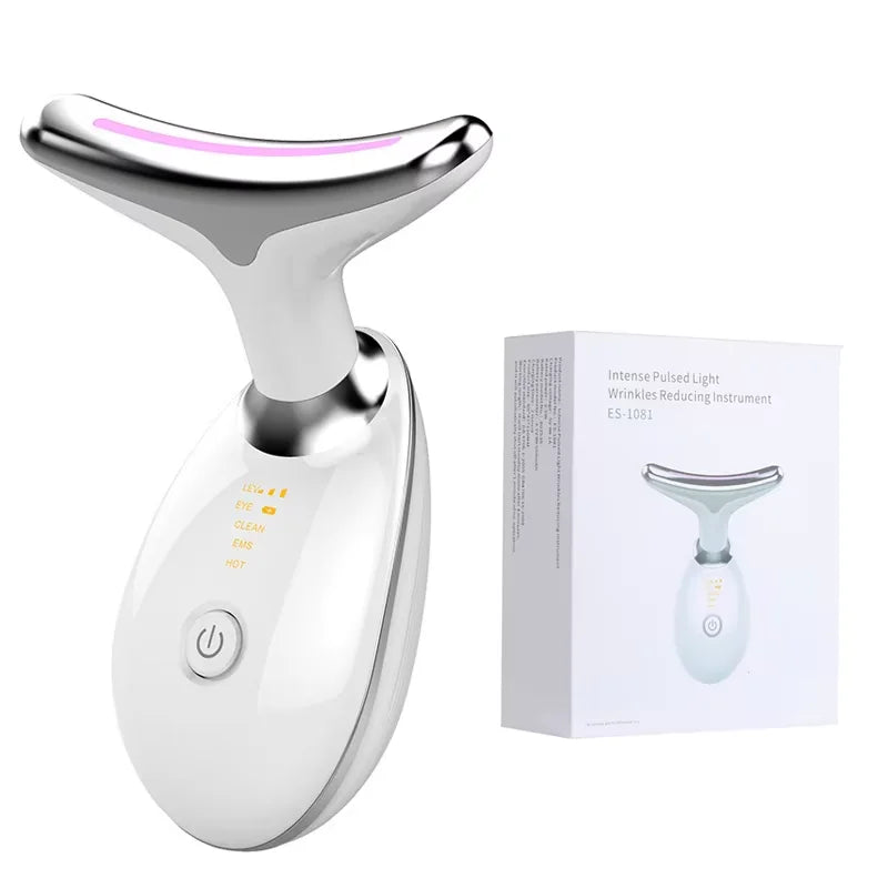 EMS Neck Massager Face Beauty Device T Shaped Neck Care Tool 3 Color Light Warm Care Ion Cleansing Rechargeable Skin Care