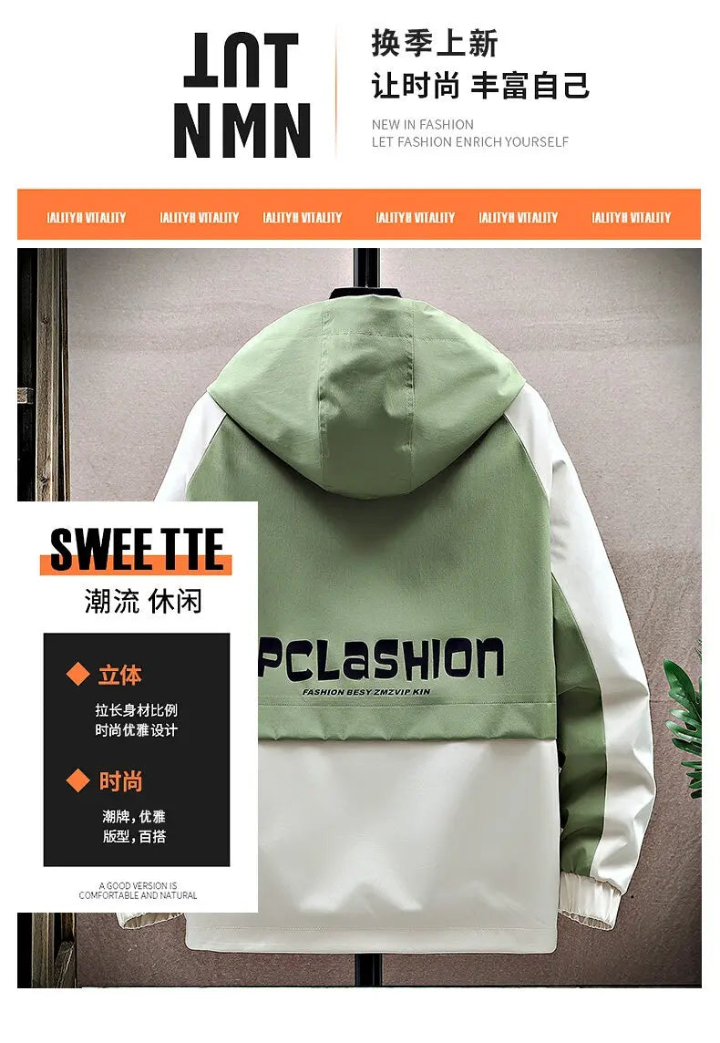 Men's High Streetwear Fashion Hooded Jackets 2026 Spring Autumn Loose Casual Coats Youth Outdoor Sports Windbreaker Top Clothing