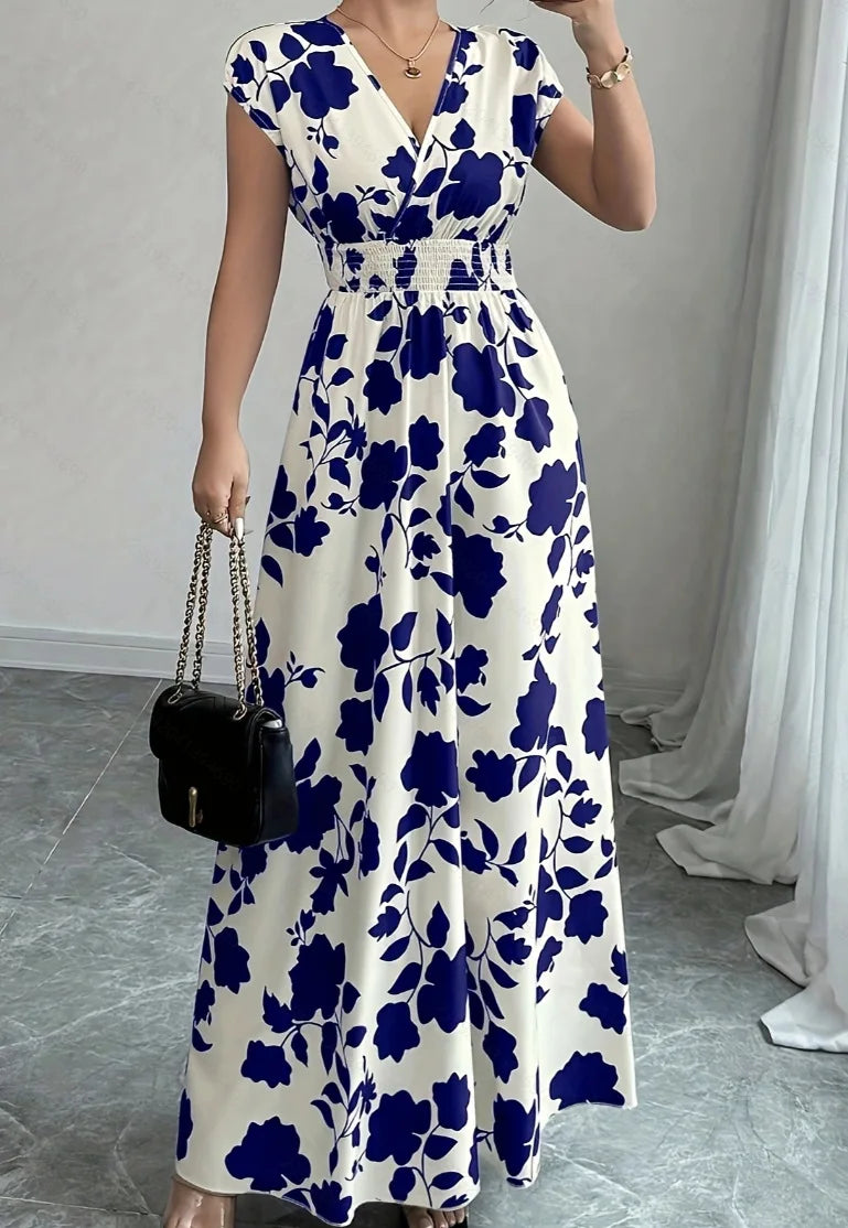 2026 Women's New Fashion Casual Daily Comfortable Elegant Lace-up Floral Print V-neck Short Sleeve Waist Women's Long Dress