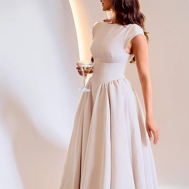 Summer French Fashionable Women's Temperament Solid Color High Waist Sleeveless Back Hollow Dress for Slimming