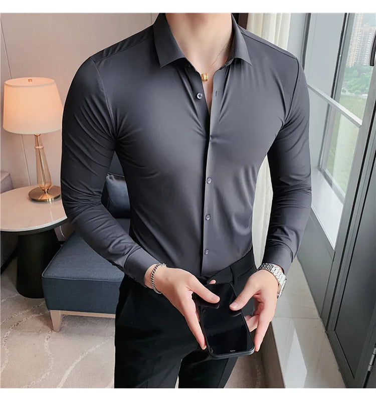 Men's Ultra Stretch Seamless Long Sleeve Shirt Top Quality Business Casual Breathable Stretchable Solid Color Formal Dress Shirt