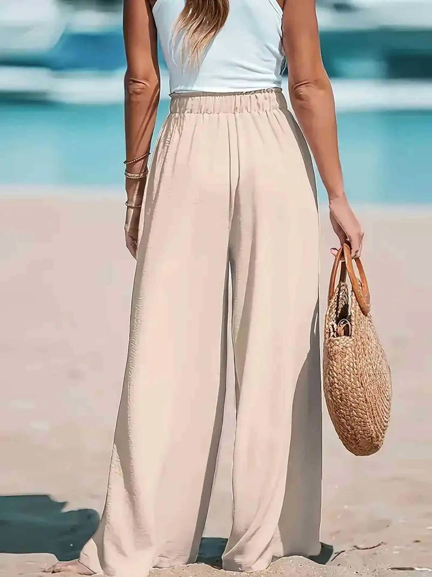Women's Elastic Waist Drawstring Wide-Leg Pants, Simple & Fashionable, Ideal for Casual Vacation Wear in Spring and Summer