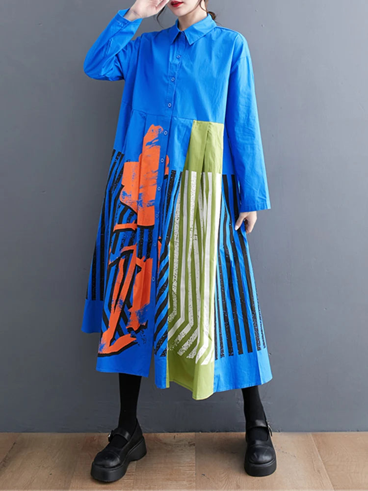 Long Sleeve Patchwork Vintage Print Dresses For Women Loose Casual Midi Dress Robe Fashion Elegant Clothing Spring Autumn 2025