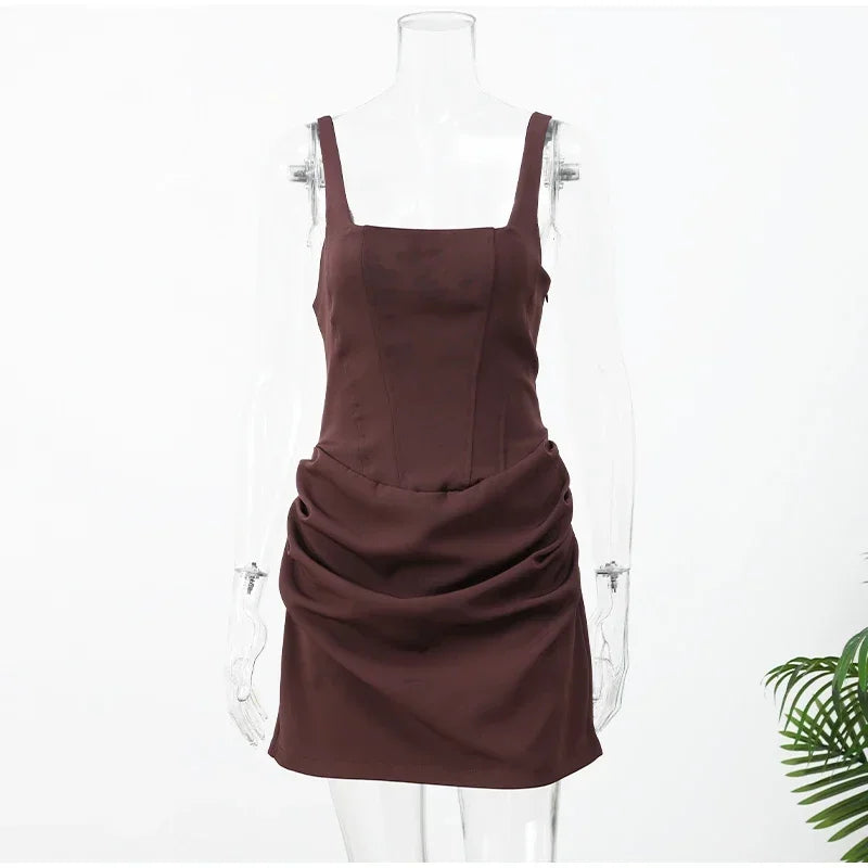 Women Sexy Square-neck Halter Mini Dress 2025 Pleated Sleeveless Backless High Waist Bodycon Dresses New Summer Lady Party Gowns