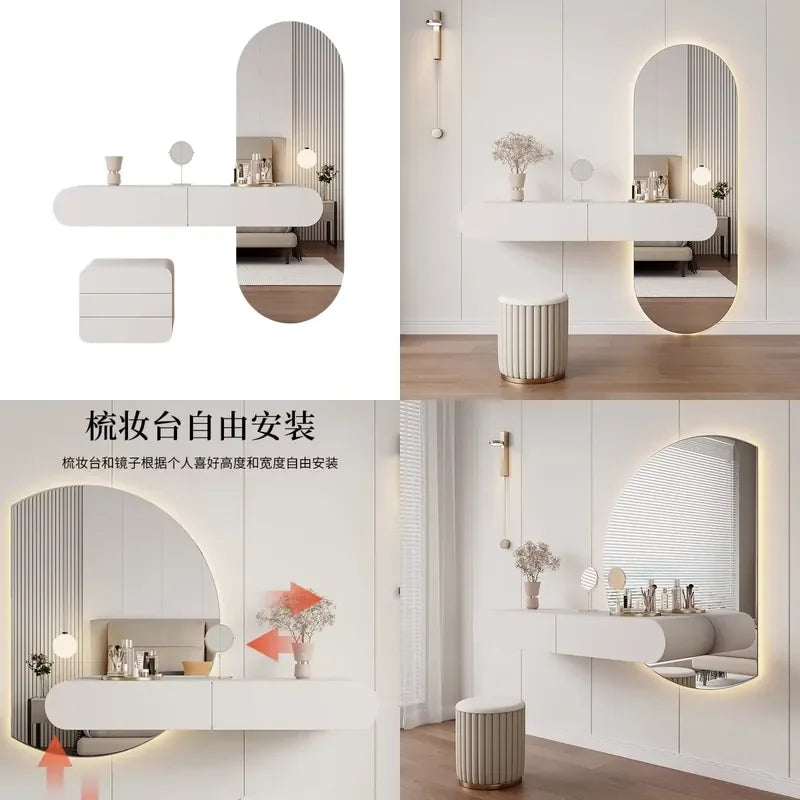 Cream Wall Mounted Dresser with Mirror Modern Minimalist Bedroom Makeup Vanity Floating Storage Console Table