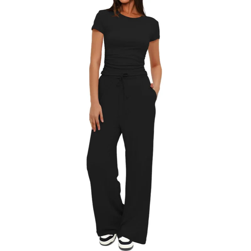 Women's Summer Solid Loose Casual Tracksuit Two Piece Set O Neck Short Sleeve T Shirt Wide Leg Pants Sportswear