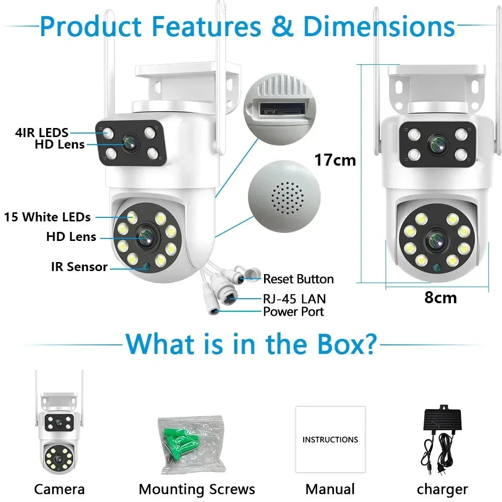 4K 8MP  Tuya Dual Lens PTZ WIFI Camera Full HD Dual Screen Ai Human Auto Tracking Outdoor 4MP Security Video Surveillance Camera