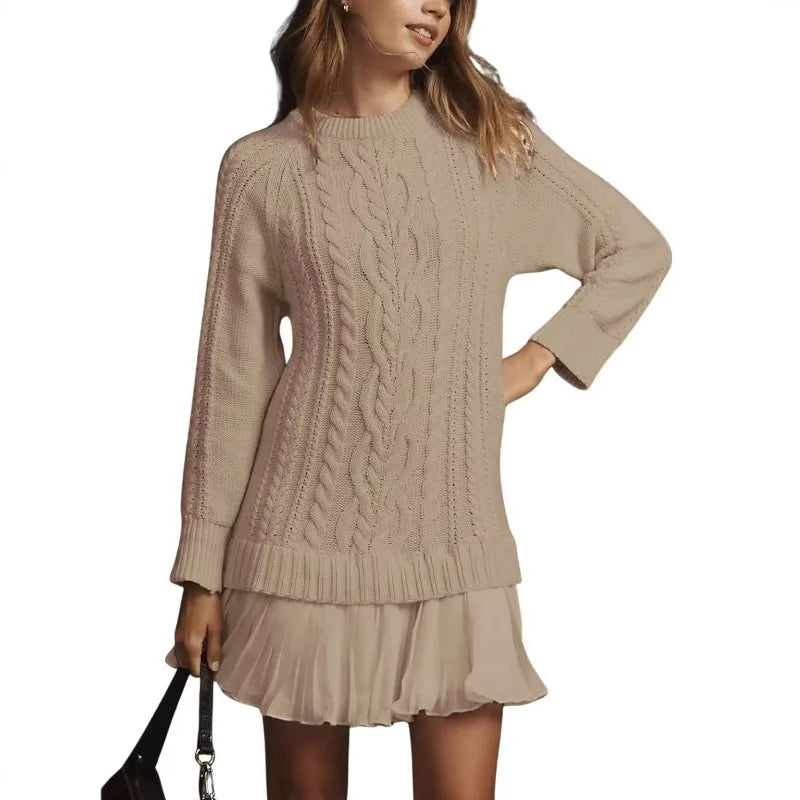 2025 Winter Long Sleeve Twist Knitted Sweater Dress Woman Ruffle Chiffon Pleated Dresses Fall Solid Warm A-Line Pullover Dress