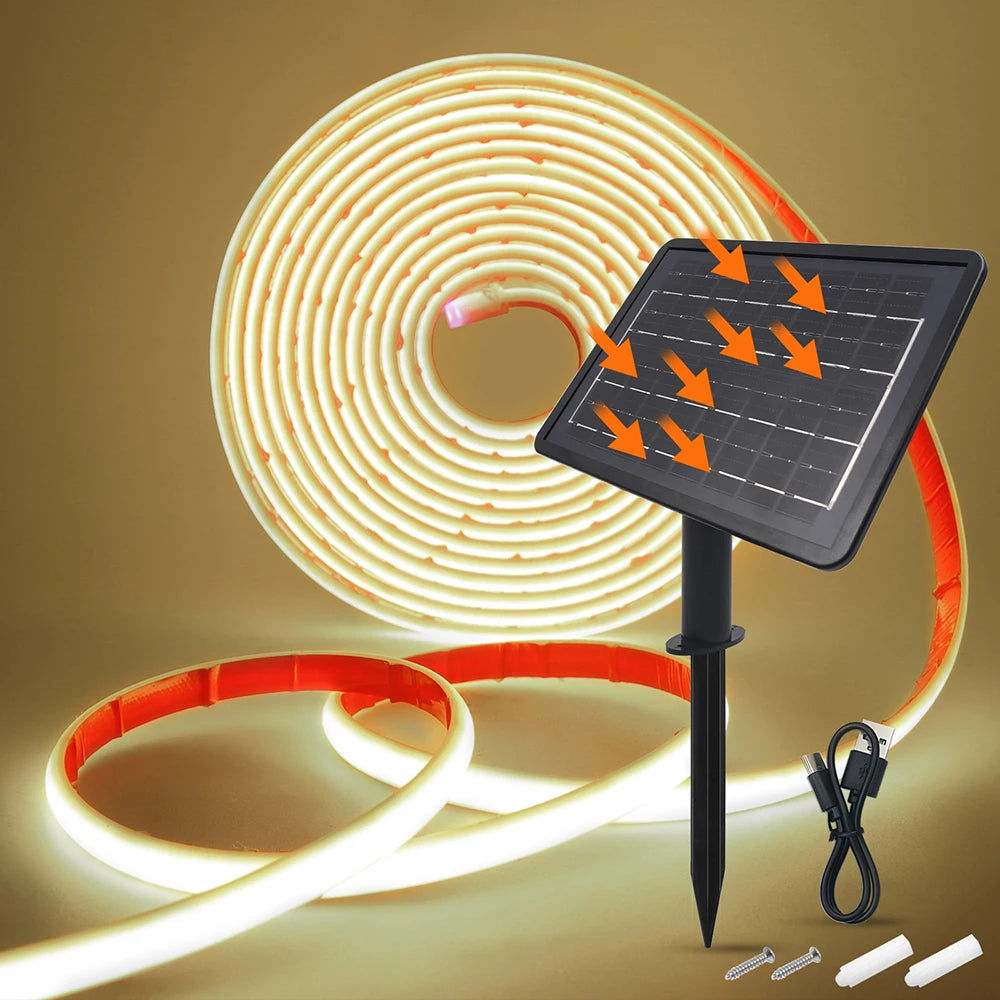 Solar Neon Light Strip 24V COB Waterproof IP68 Flexible LED Tape Red Green Blue Warm White 320LED/m High Density Linear Lighting