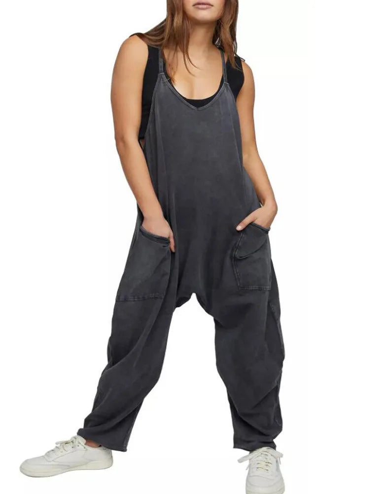 Women Casual Spaghetti Strap Sleeveless Jumpsuit Vintage Harajuku Wide Leg Loose Pants Summer Solid Oversize Overalls Rompers