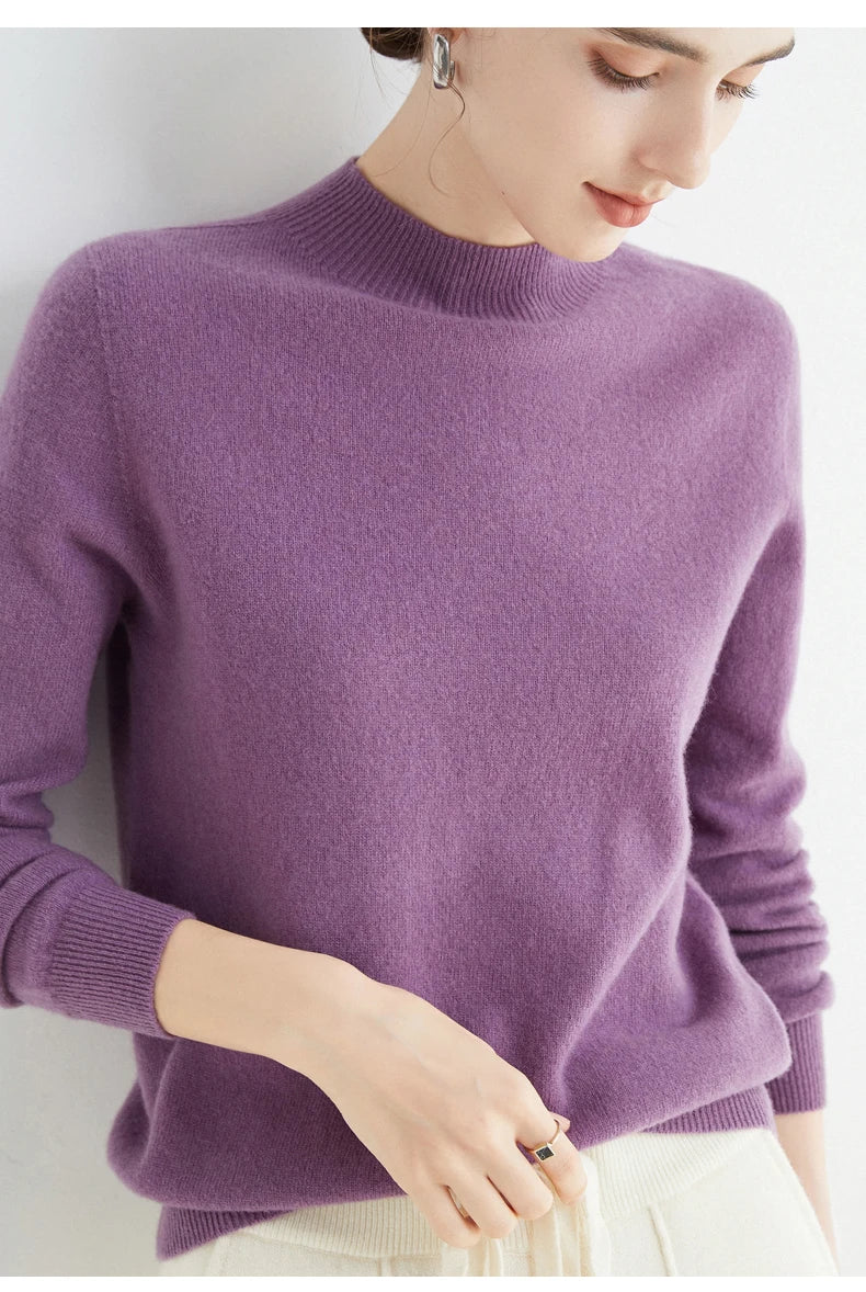 First-Line Seamless Women's Half-Turtleneck 100% Pure Wool Sweater Solid Color Long Sleeve Pullover Knitted Bottoming Sweater