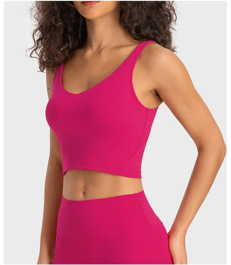 SHINBENE Women's V-neck Slimming Fitness Long-sleeve Padded Short-sleeve Sports Bra Yoga Bra Classic Athletic Tank Top