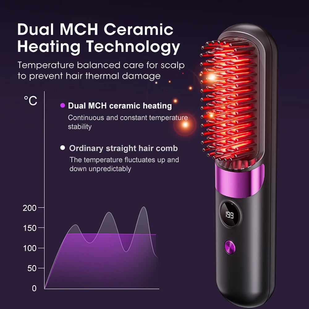 Portable Hair Straightener Brush 4 Temp Setting Cordless Straightening Comb LED Display Ceramic Coating Ionic Technology Styling