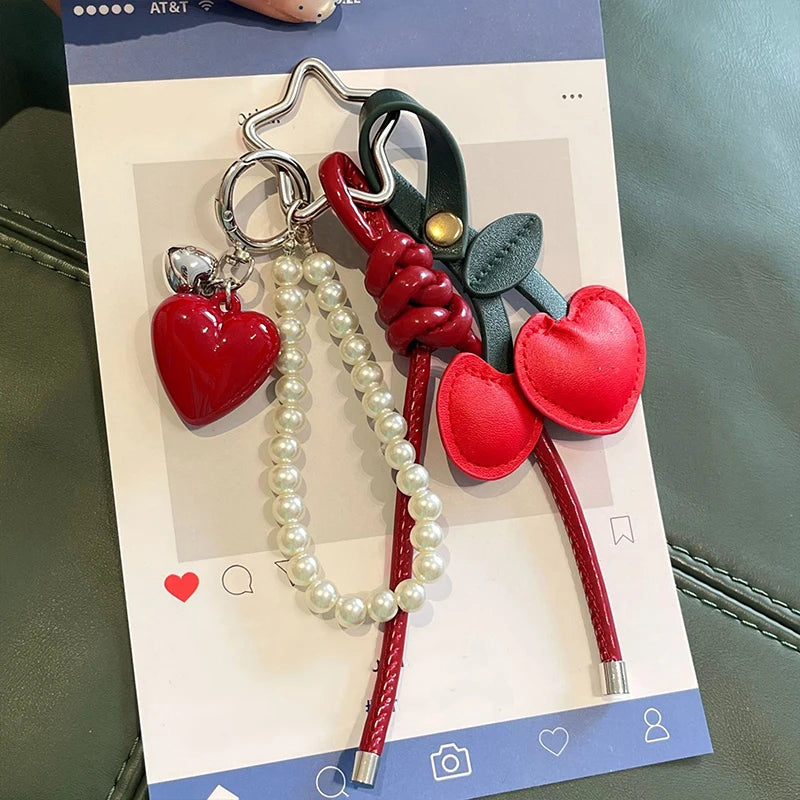 Y2K Leather Rope Red Cherry Keyring Pearl Beads Bag Key Chain Charm Pendant Women Trendy Keychain Decoration