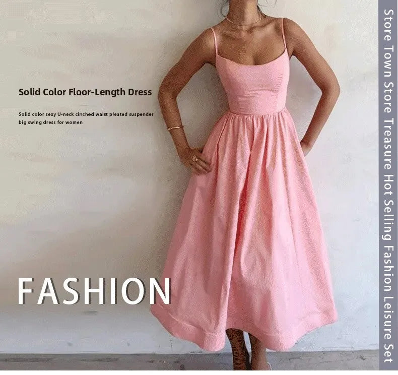 Summer Sexy Women's Strap Dr High Waist A-Line Midi Skirt No Sve Polyester Fabric Commute Sle Folded Drape Gown