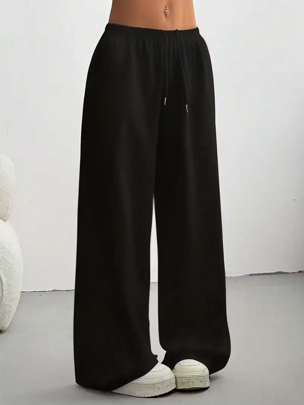 2026 Women's Casual Four Seasons - Comfortable Loose Solid Color Drawstring Elastic Belt Wide Leg Running Pants