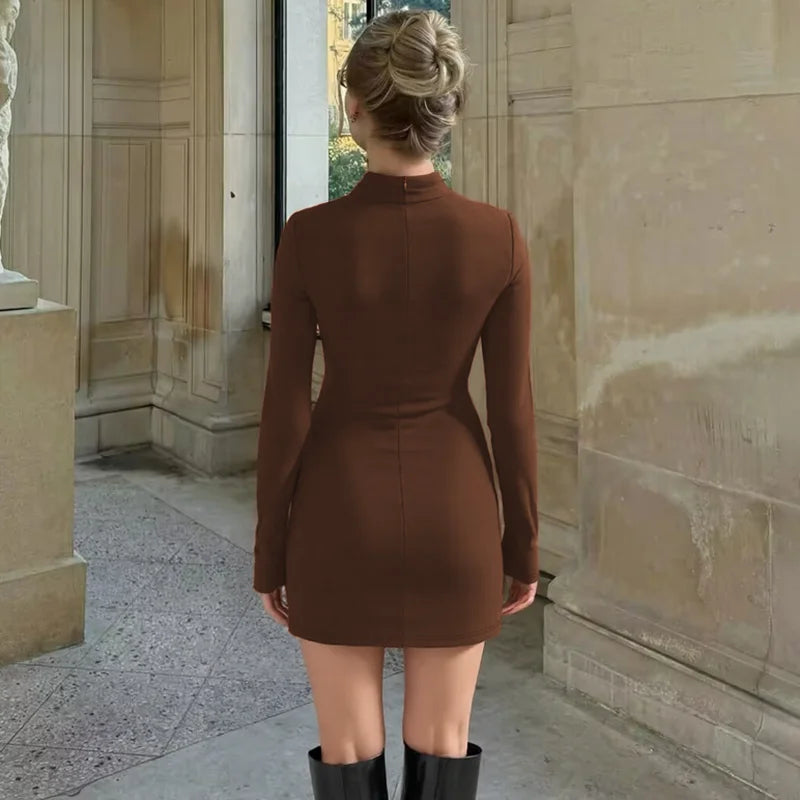 Hugcitar Women Elegant Turleneck Long Sleeve Ruched Sexy Bodycon Mini Dress Autumn Women Clothes Streetwear Party Festival