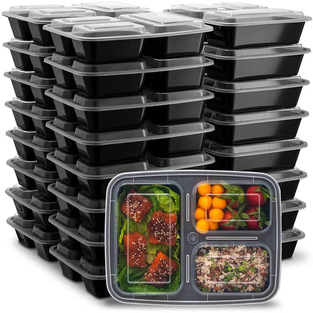 32oz Three Grid Lunch Box 20Pcs Disposable Lunch Box Microwave Heating Tableware Stackable Plastic Food Storage Container