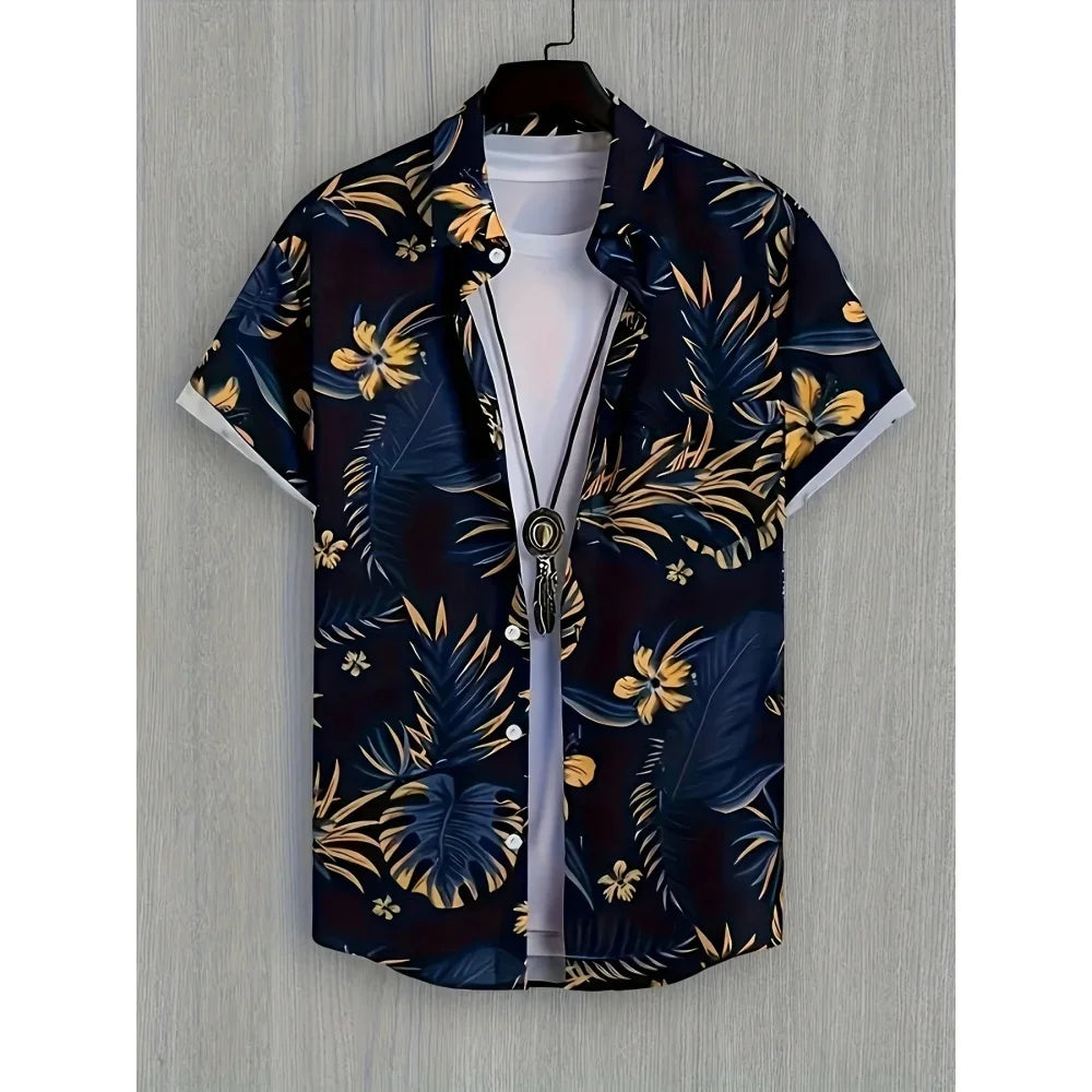 Cat Cartoon Print Shirt] Plus Size 3D Digital Print Cartoon Fun Men's Short Sleeve Button Shirt Fashion Hawaiian Vacation Shirt